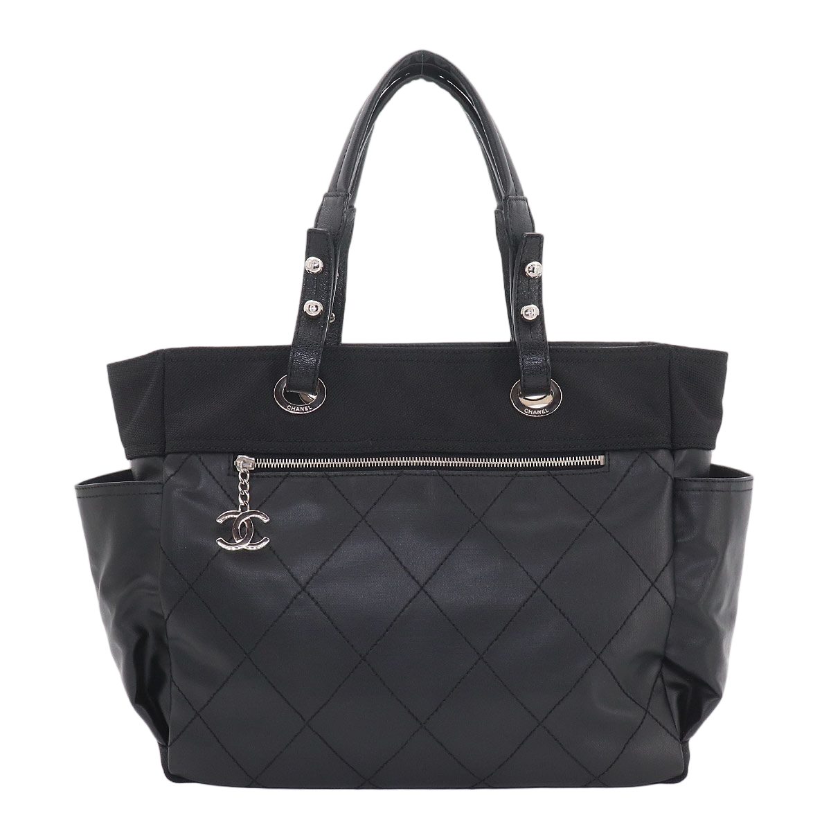 Chanel Paris Biarritz GM Tote Nylon Leather Black