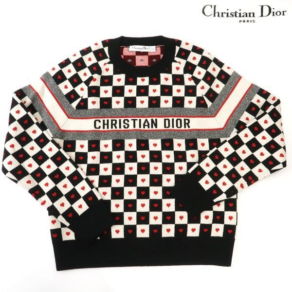 Dior Alm Knit 36 Heart Check Cashmere Black White Red