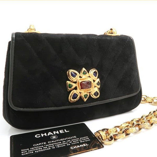 Chanel Chain Shoulder Gripoix 1993 Suede Black Chevron