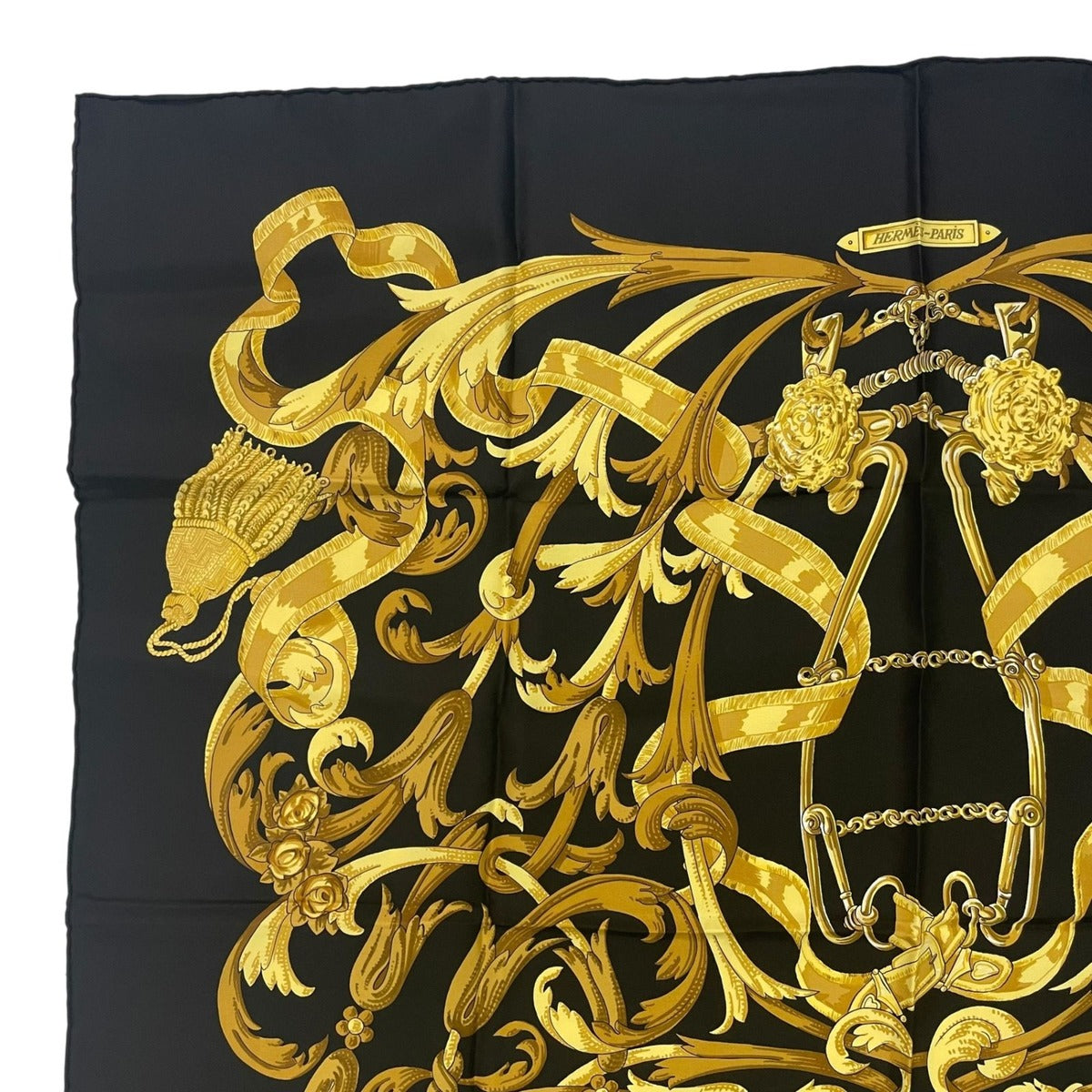 Hermes Scarf Silk Carre 90 Lemors a la Conetable Elegance Gold Black — view 2
