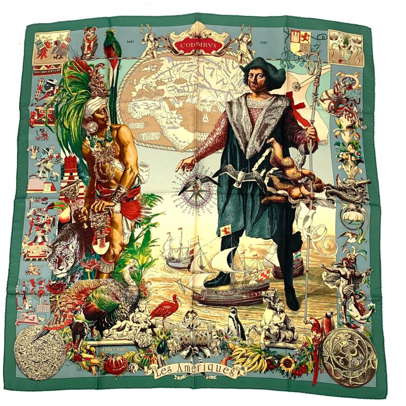 Hermes Carre 90 Les Ameriques Americas Columbus Scarf Green