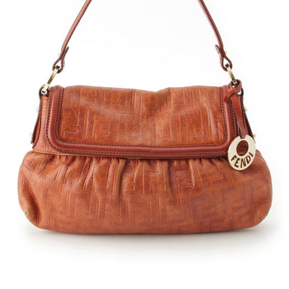 Fendi Leather Zucca Pattern Flap One Shoulder Bag With Charm Brown