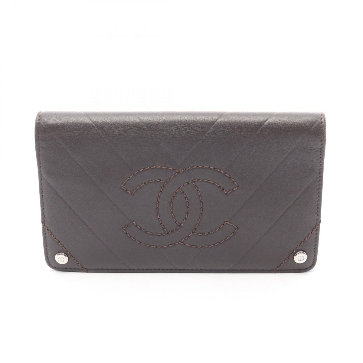 Chanel Bifold Long Wallet Chevron Stitch Dark Brown Leather CC Logo V