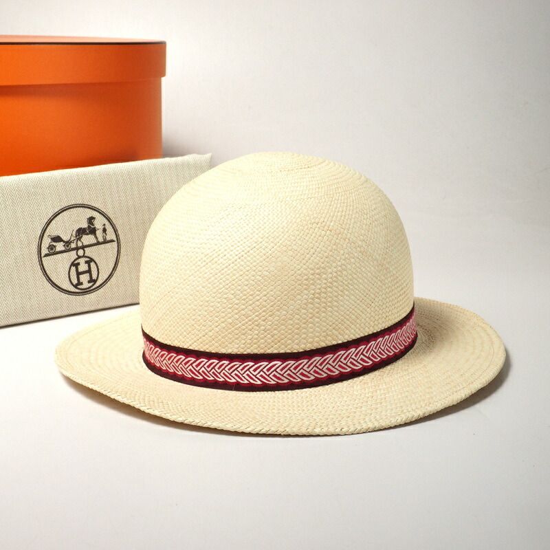 2022Hermes Greta Hat Size 58 Straw Hat <stirrup Illusion> Woven Band Serie