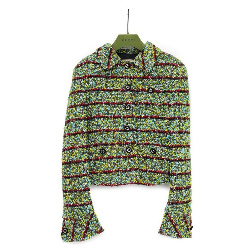 Gucci Tweed Jacket 40 Size Green Button Closure Long Sleeve