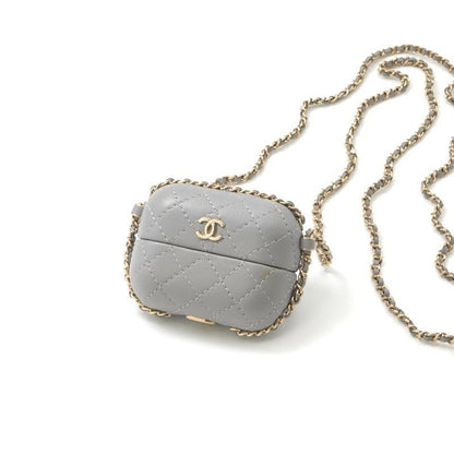 Chanel Airpods Case Charm Lambskin Coco Mark Quilted Chain Gray