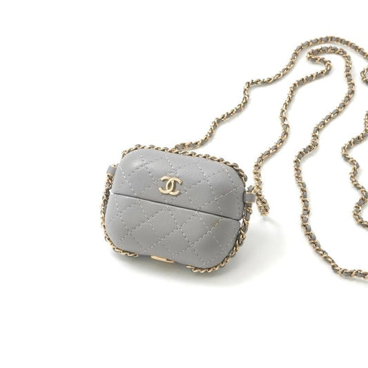 Chanel Airpods Case Charm Lambskin Coco Mark Quilted Chain Gray