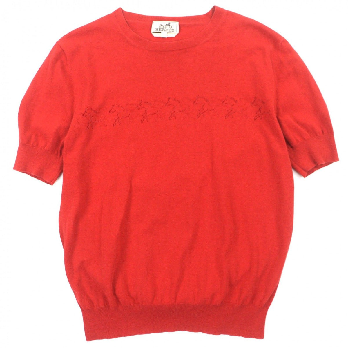 Hermes Cotton Perforated Hose Crew Neck Short Sleeve Knit Red S