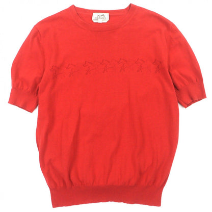 Hermes Cotton Perforated Hose Crew Neck Short Sleeve Knit Red S