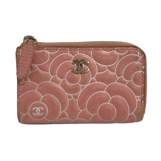 Chanel Coin Case Camellia Pink White Silver L-shaped Zipper Ring X