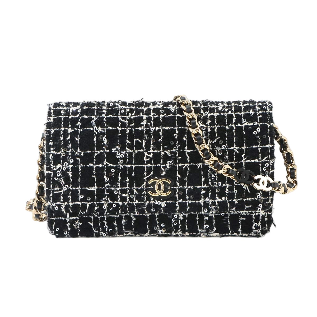 Chanel Quilted Chain Wallet Tweed Leather Sequin Black Gold Shoulder Bag