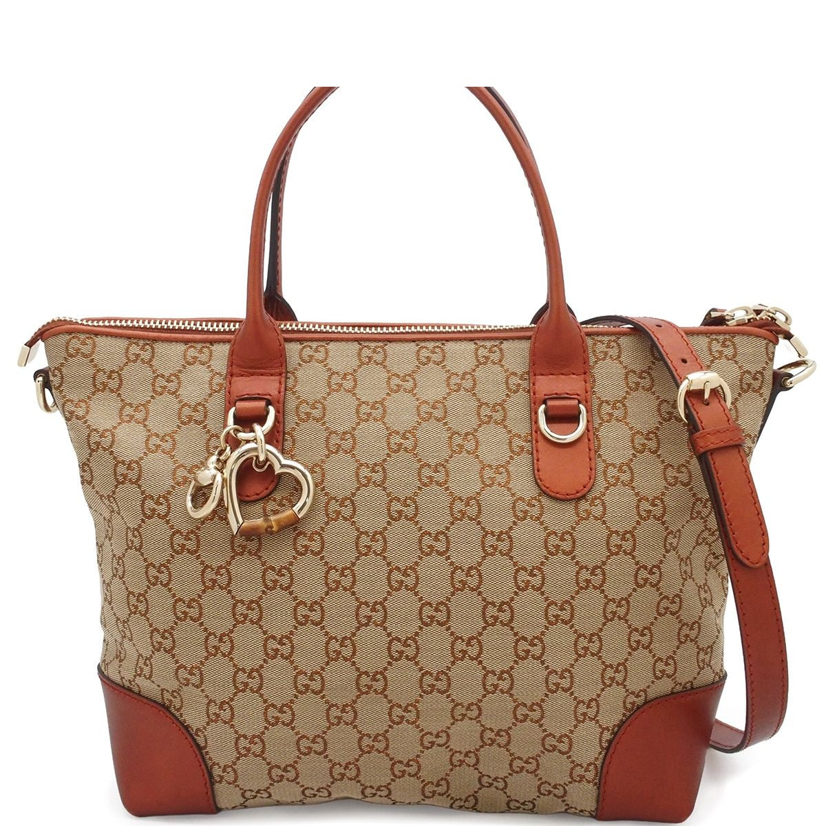 Gucci Heart Bit Beige Orange GG Canvas Leather Tote Bag