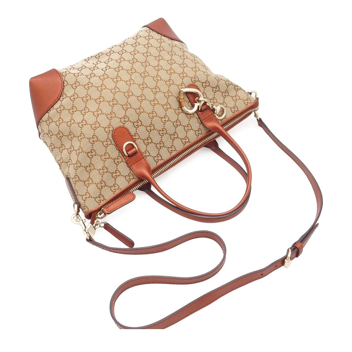 Gucci Heart Bit Beige Orange GG Canvas Leather Tote Bag — view 4