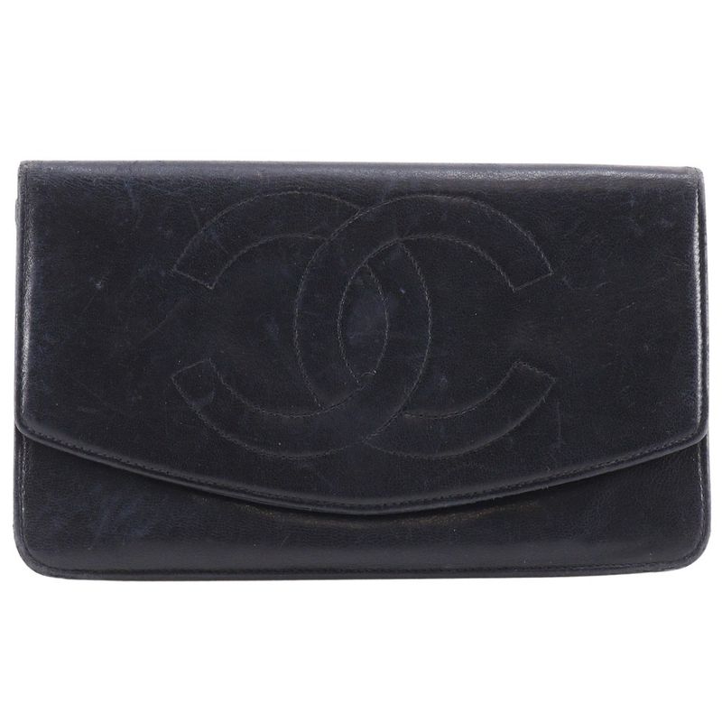 Chanel Coco Mark Vintage Lambskin Black Women's Long Wallet