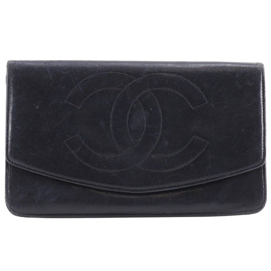 Chanel Coco Mark Vintage Lambskin Black Women's Long Wallet