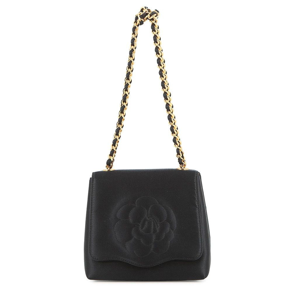 Chanel Handbag Knot Chain Camellia Satin Party Bag Black