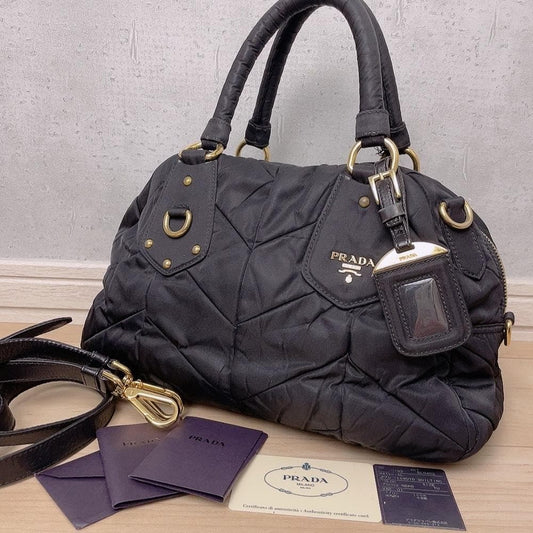 Prada Quilted 2-Way Handbag Black Logo Tessuto