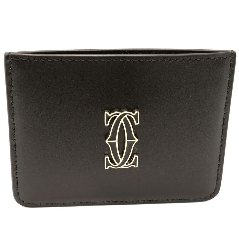 Cartier Card Case Passcase C De Simple Holder Calfskin Black