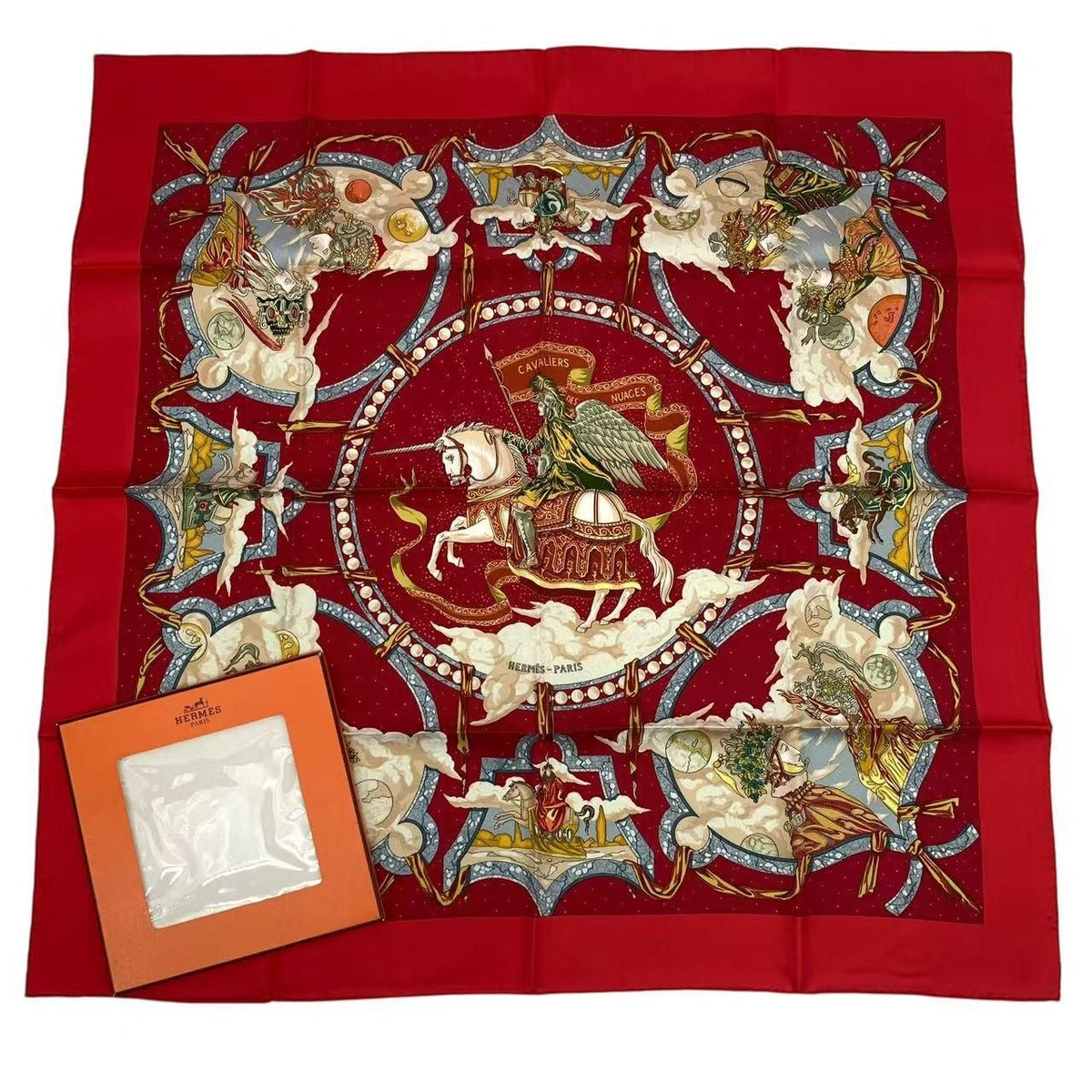 Hermes Carre 90 Scarf Silk Cavaliers Des Nuages Cloud Knight Red Box