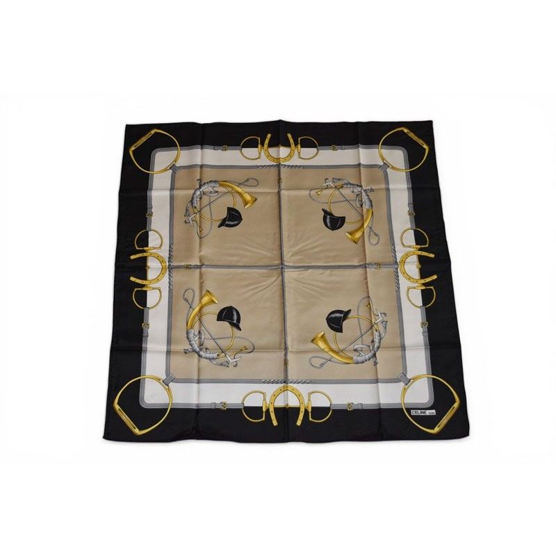 Celine Scarf Vintage Carre 90 Carriage Harness Gold White Black — view 2