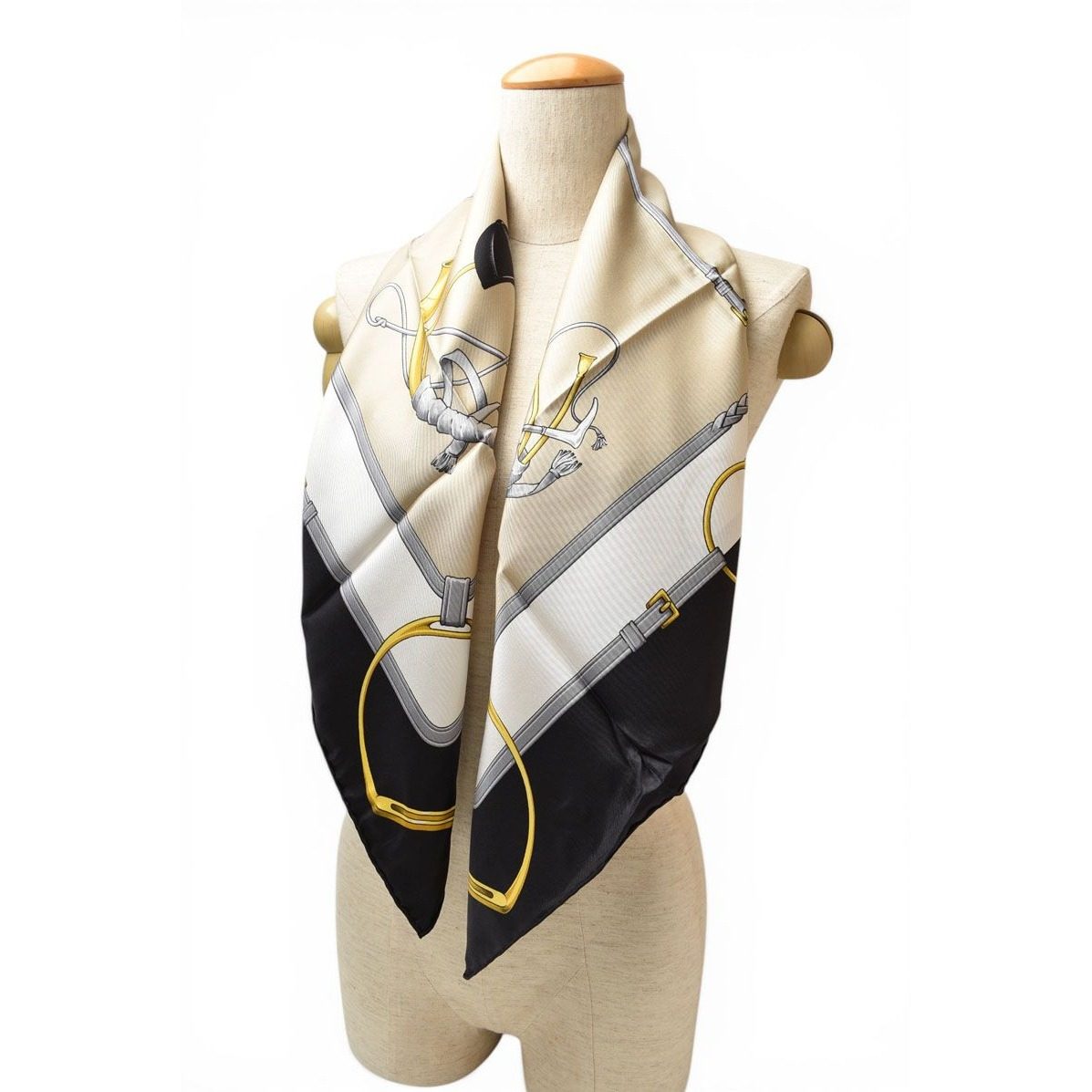 Celine Scarf Vintage Carre 90 Carriage Harness Gold White Black — view 4