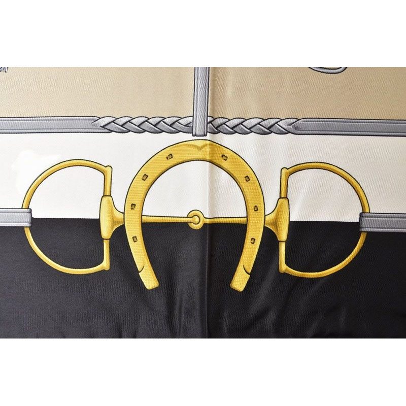 Celine Scarf Vintage Carre 90 Carriage Harness Gold White Black — view 8