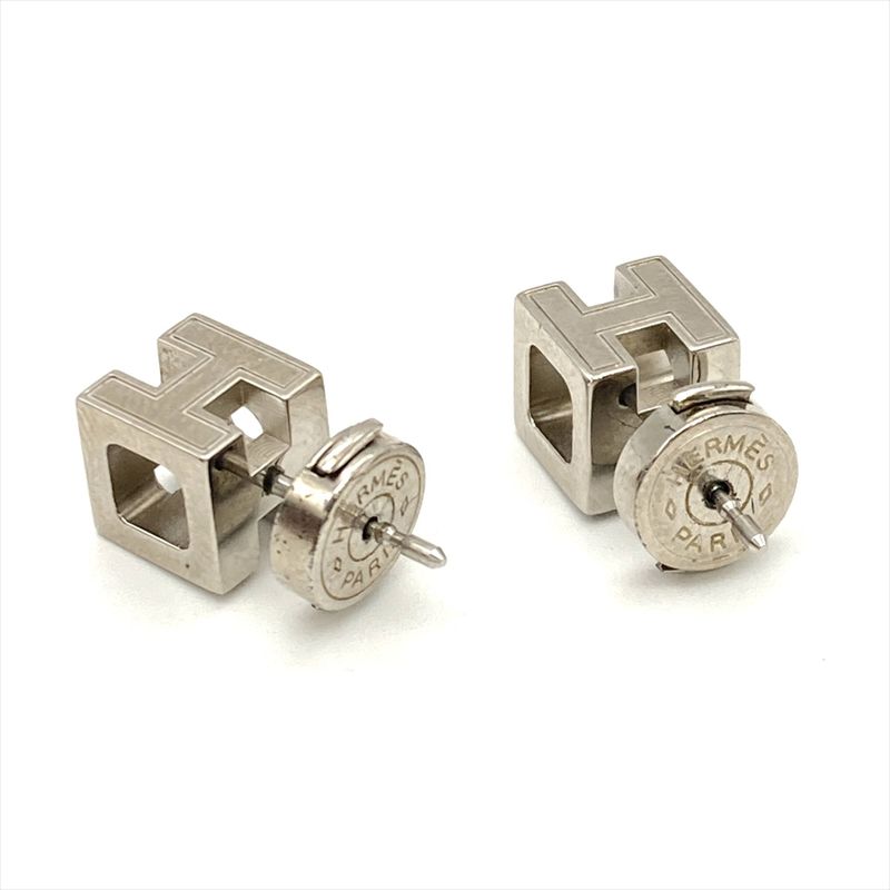 Hermes Caje Doache H Cube Earrings Metal Silver And White Unisex