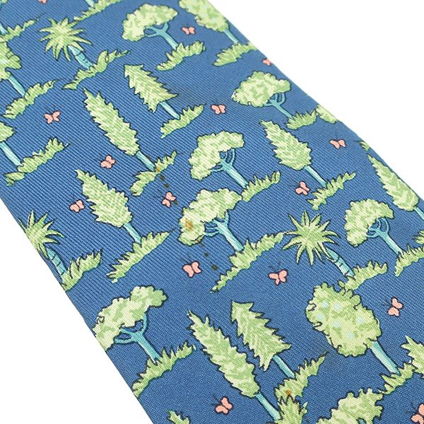 Hermes Tie Botanical Pattern 9cm (3.54in) Silk Blue and Light Green Blue