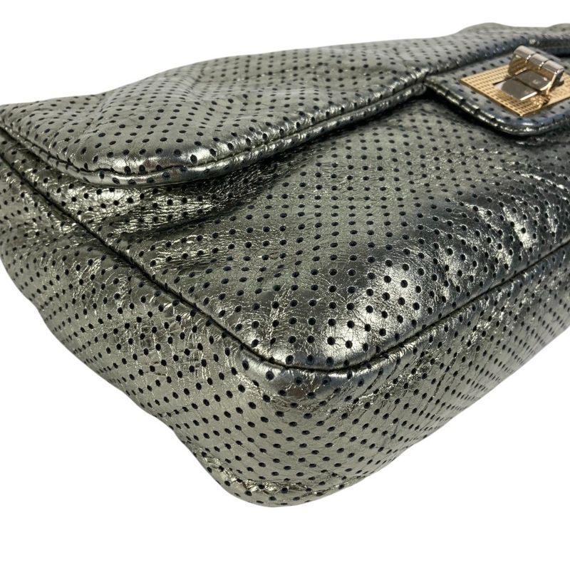 Chanel Shoulder Bag 255hardware Leather Metallic Grayish