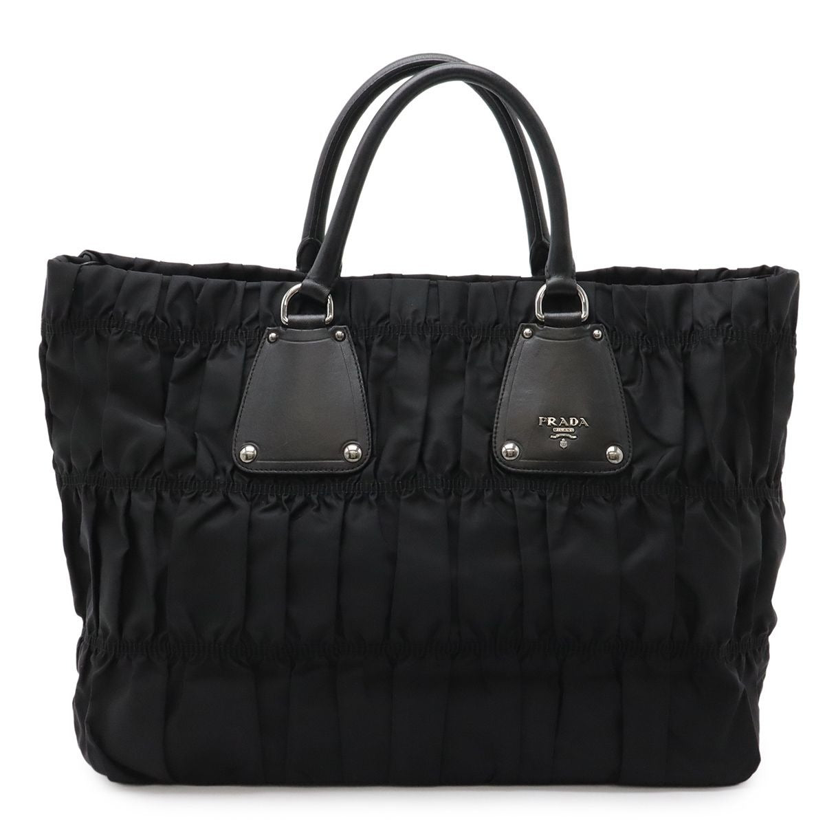 Prada Gathered Tote Large Handbag Nylon Leather Nero Black Silver Hardw