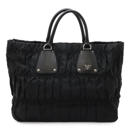 Prada Gathered Tote Large Handbag Nylon Leather Nero Black Silver Hardw