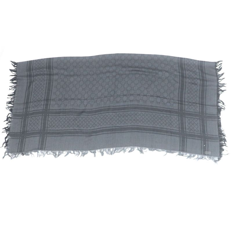 Gucci 544615 Wool Silk GG Logo Diamante Checked Fringe Stole Scarf Shawl Gray