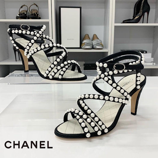 Chanel Leather CC Logo Pearl Quilted Strap Sandals Black