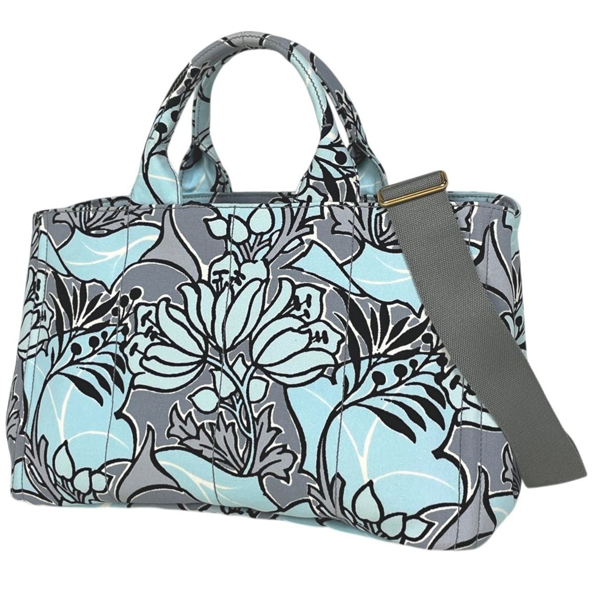 Prada Canapa Tote Floral Pattern Flower 2-Way Shoulder Bag Canvas Light Blue