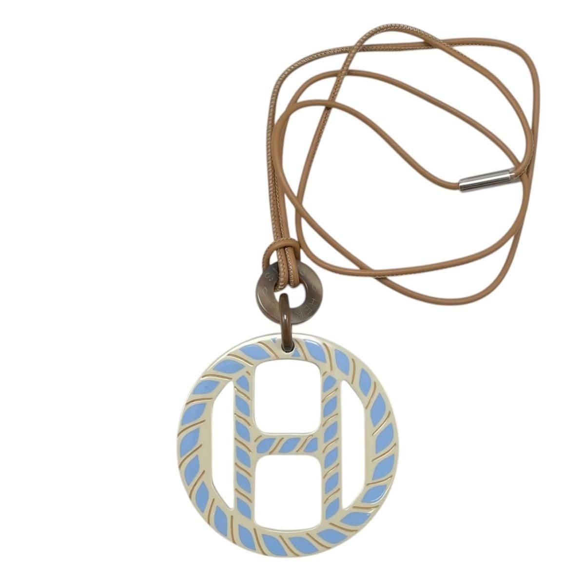 Hermes Necklace Buffalo Horn Pendant Equipe Blue Beige Brown