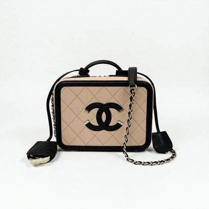 Chanel Bag Shoulder Caviar Leather Beige Black Gold CC Filigree