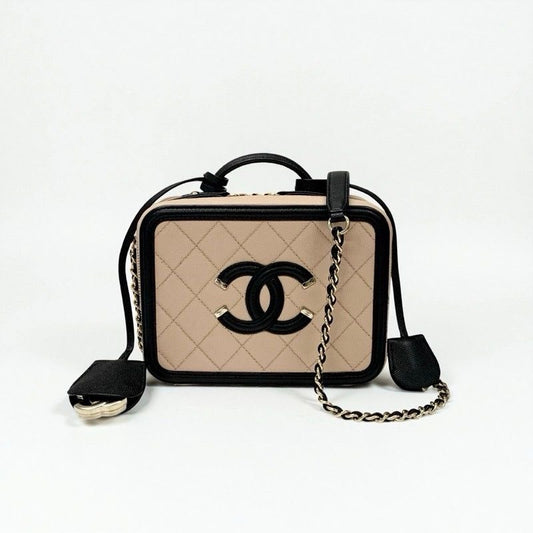 Chanel Bag Shoulder Caviar Leather Beige Black Gold CC Filigree