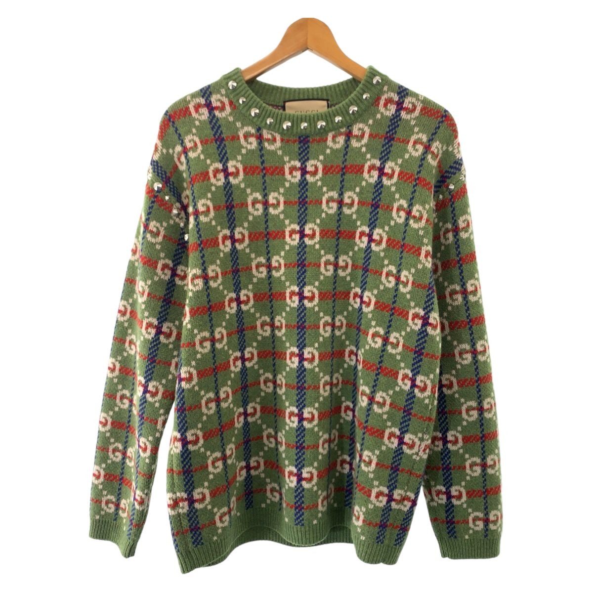 Gucci Neck Studs GG Allover Pattern S Multicolor Silver Wool Metal Knit Sweater