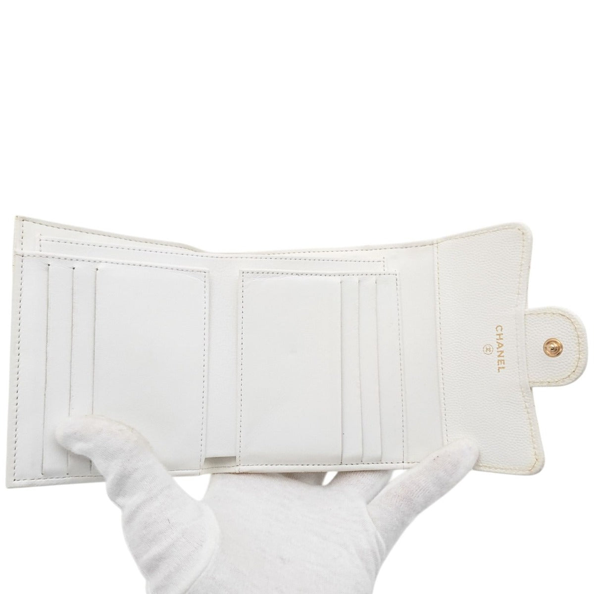 Chanel Trifold Wallet Caviar Leather Quilted White CC Logo Compact — view 14