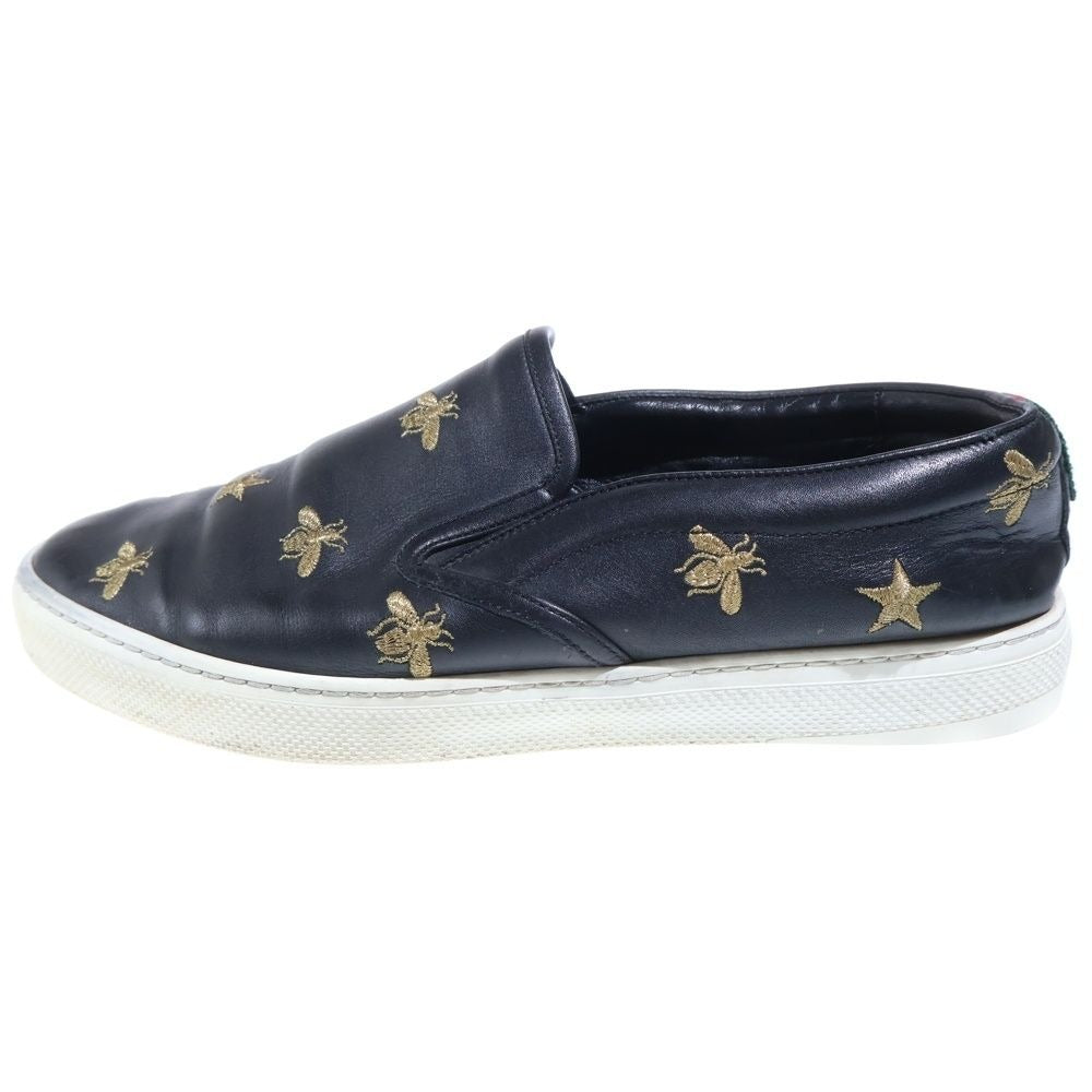 Gucci Bee Embroidery Leather Low Cut Sneakers Slip Ons Black