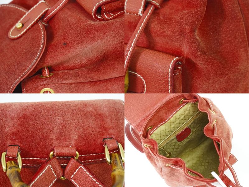 Authentic Gucci Bamboo Backpack Sac Backpack Suede Leather Red Bamboo Bag