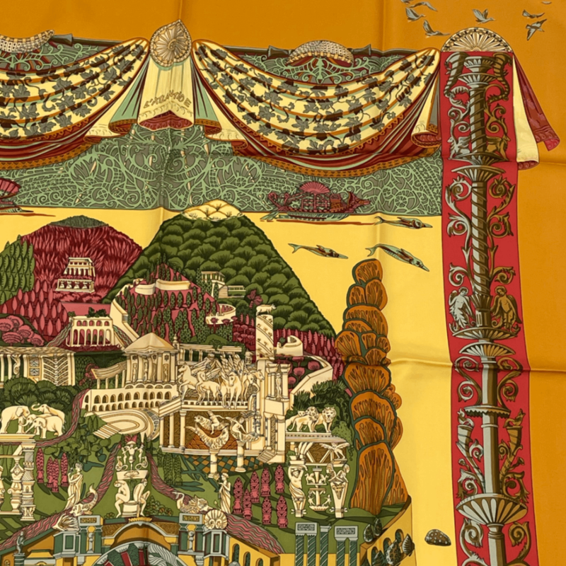 Hermes Carre 90 L Atlantide Atlantis Continental Silk Scarf Orange