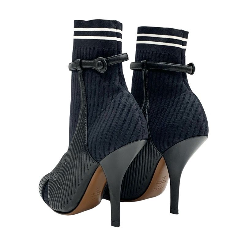 Fendi Rococo Boots Short Boots Shoes Fabric Leather Black White Black Logo Sock