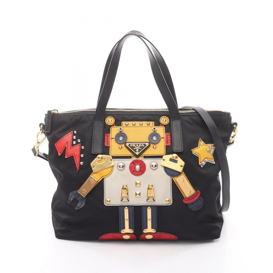 Prada Tote Black Nylon Saffiano Leather Robot 2-Way