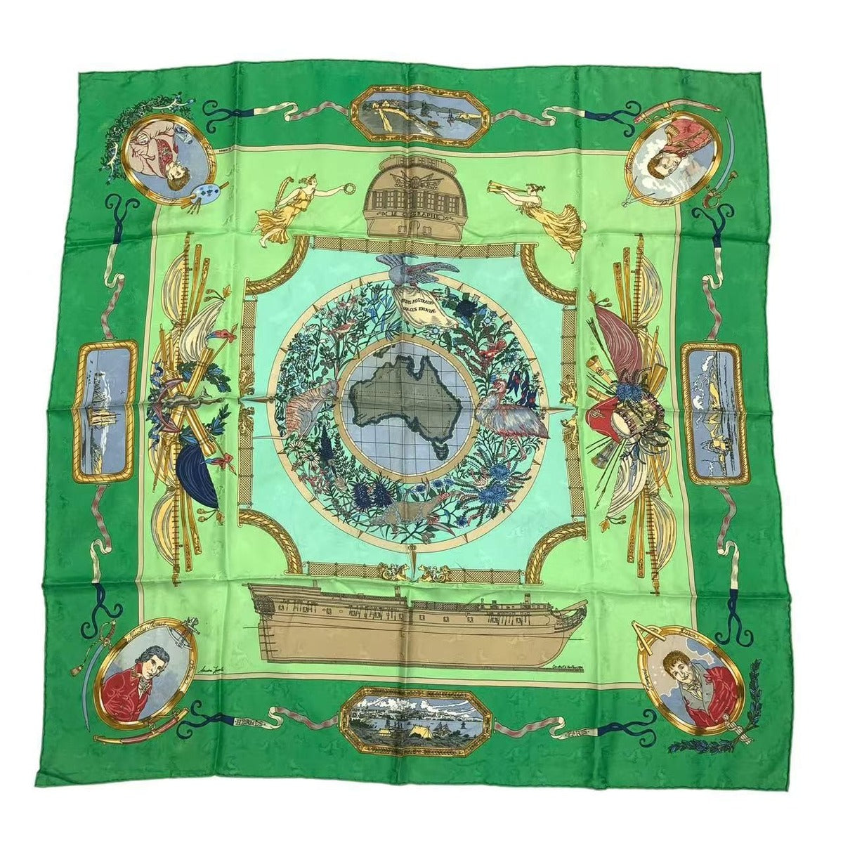 Hermes Carre 90 Scarf le Geographe Geographer Silk Green