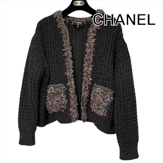 Chanel CC Logo Gripoix Button Long Sleeve Knit Cashmere Cardigan Black
