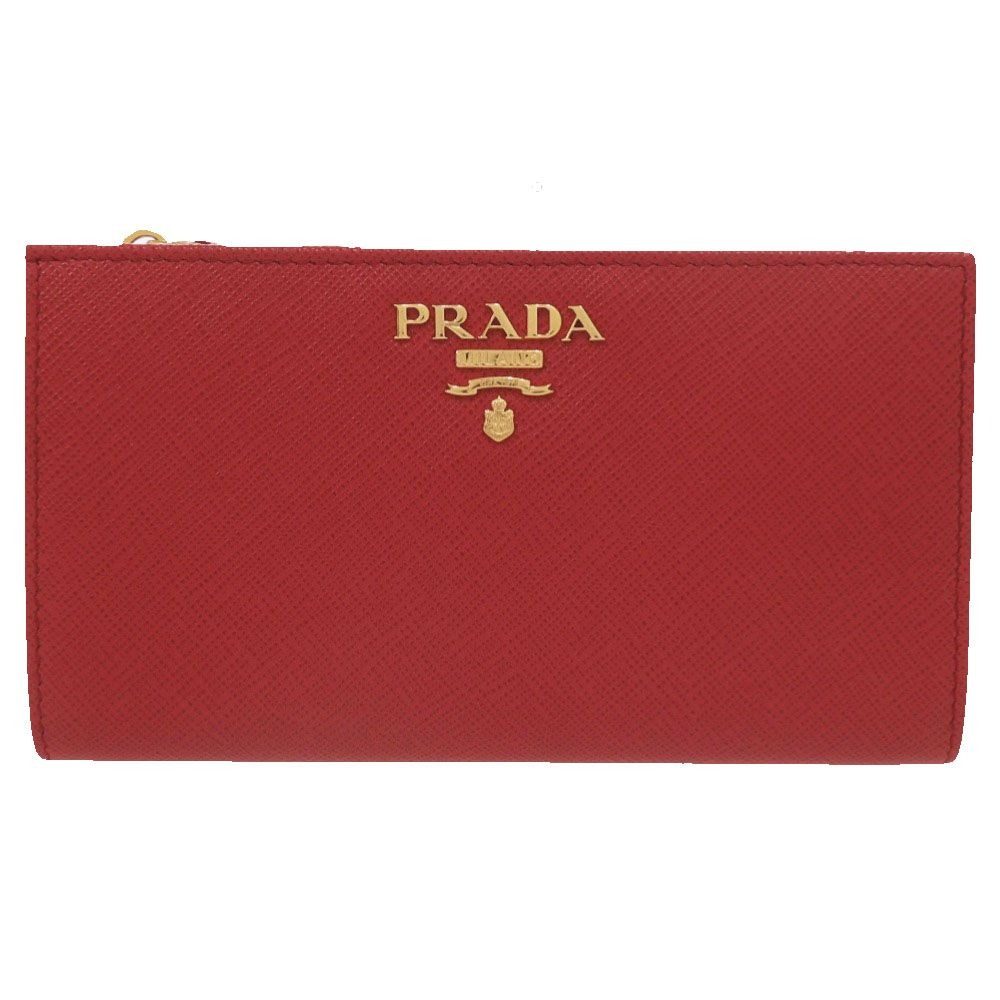 Prada Triangle Logo Gold Saffiano Leather Foco Red Fuoco Bifold Wallet