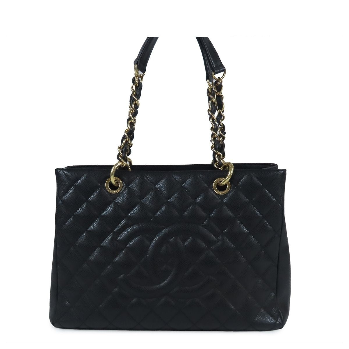 Chanel Tote Bag Grand Shopping GST Quilted Single Chain Black Gold Caviar