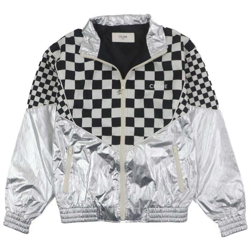 Celine 21 AW 2 L Loose Checkerboard Boucle Logo Zip-up Blouson Silver