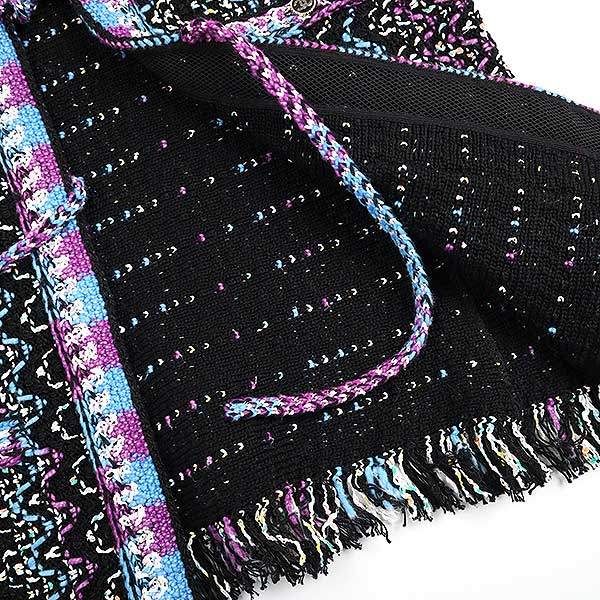 Chanel 21p Coco Mark Button Tweed Fringe Cardigan P70494k10051 Black 36